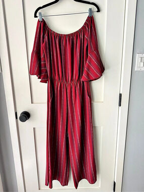 Vine & Love Striped Off-Shoulder Jumpsuit in Red Size Small